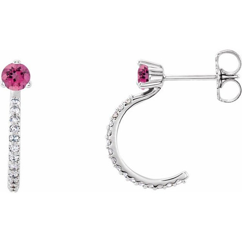 14K White Gold Natural Pink Tourmaline & 1/6 CTW Natural Diamond Hoop Earrings