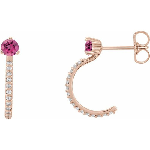 14K Rose Gold Natural Pink Tourmaline & 1/6 CTW Natural Diamond Hoop Earrings
