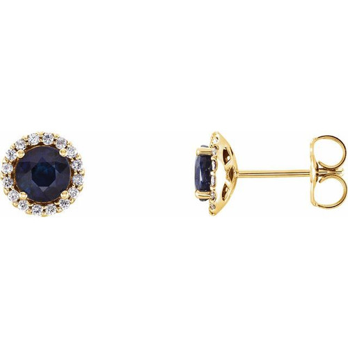 14K Yellow Gold Natural Blue Sapphire & 1/8 CTW Natural Diamond Halo Earrings
