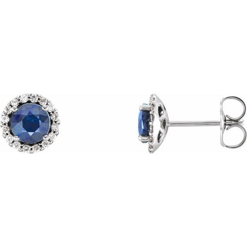 14K White Gold Natural Blue Sapphire & 1/8 CTW Natural Diamond Halo Earrings
