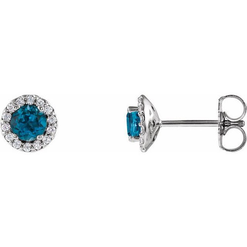 14K White Gold Natural London Blue Topaz & 1/10 CTW Natural Diamond Halo Earrings