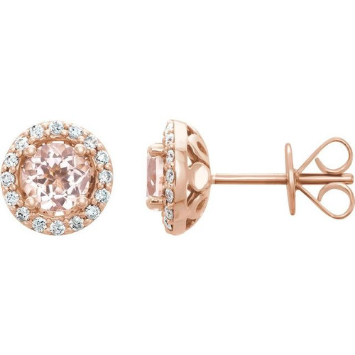 14K Rose Gold Natural Pink Morganite & 1/5 CTW Natural Diamond Halo Earrings