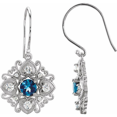 14K White Gold Natural London Blue Topaz & 1/2 CTW Natural Diamond Earrings