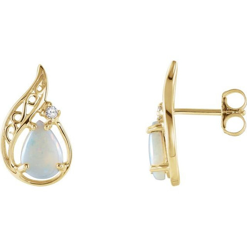 14K Yellow Gold Natural White Opal & .03 CTW Natural Diamond Earrings