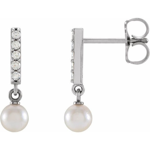 Platinum Pearl & Diamond Bar Earrings