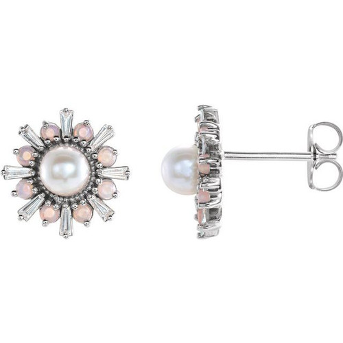 Platinum Akoya Pearl & 1/6 CTW Diamond/White Opal Accent Earrings