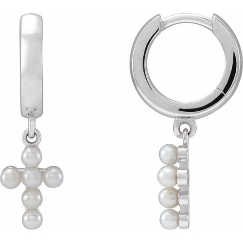 Platinum Pearl Cross Hoop Earrings