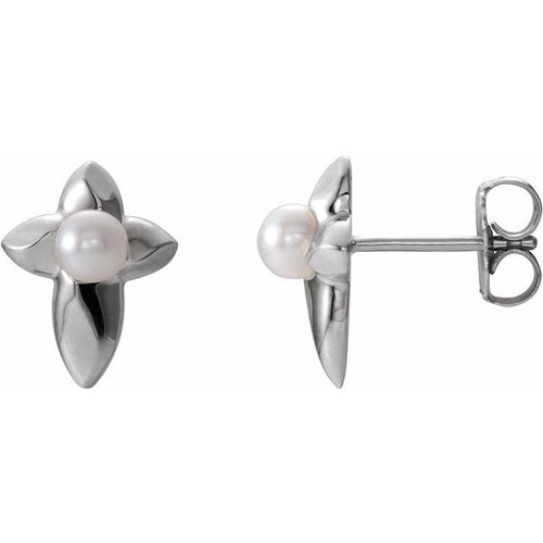 Platinum Cultured White Freshwater Pearl Cross Earrings