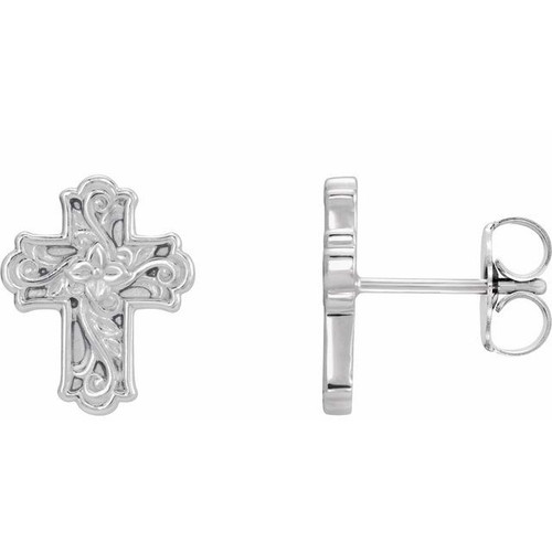Platinum Floral-Inspired Cross Earrings
