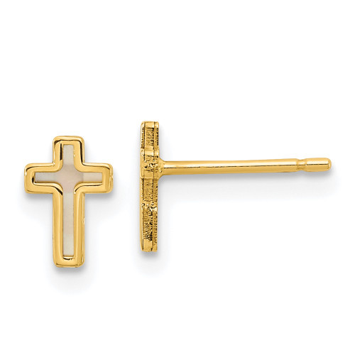 14K Yellow Gold Polished Cross Mother of Pearl Post Earrings