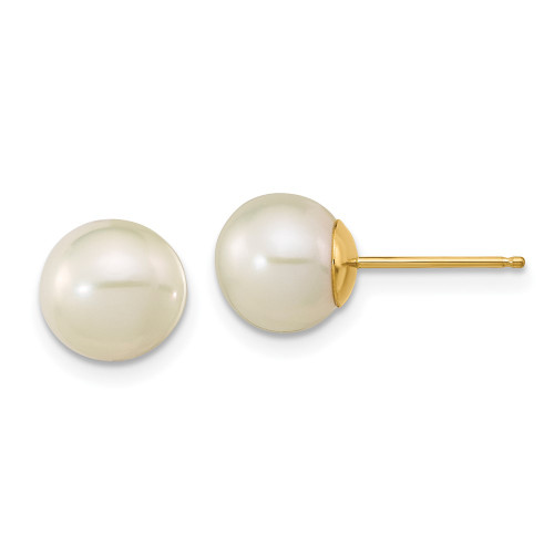 14K Yellow Gold 7-8mm White Round Freshwater Cultured Pearl Post