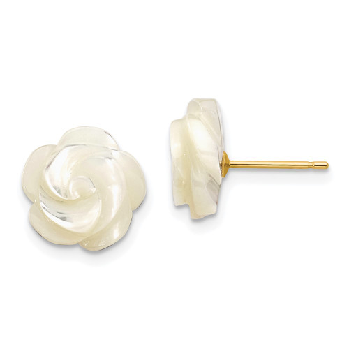 14K Yellow Gold 10mm White Mother of Pearl Flower Design Post Earrings