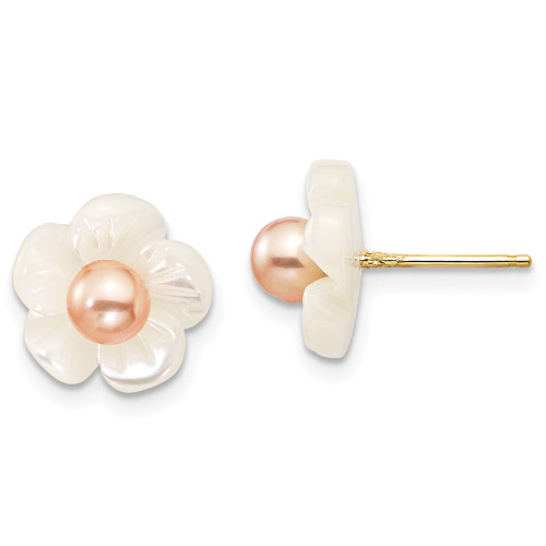 14K Yellow Gold 3-4mm Pink Freshwater Cultured Pearl with 10mm Mother of Pearl Flower Post Earrings