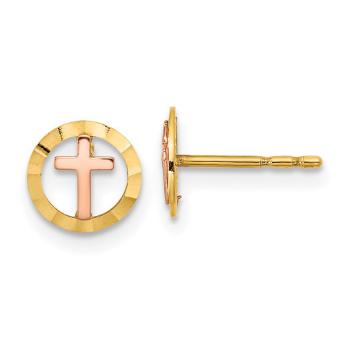 14K Yellow Gold Two-tone Circle with Cross Post Earrings