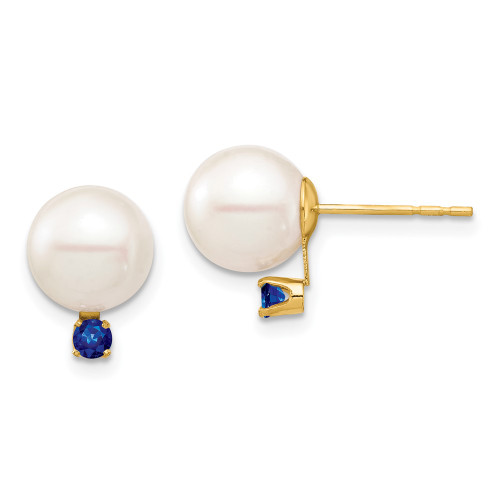 14K Yellow Gold 8-8.5mm White Round Freshwater Cultured Pearl Sapphire Post Earrings