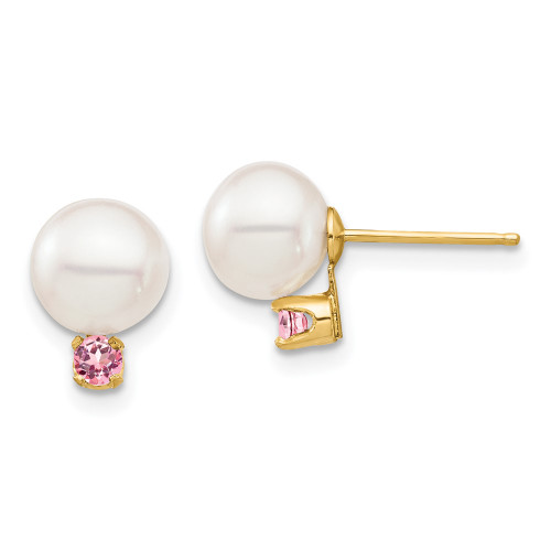 14K Yellow Gold 7-7.5mm White Round Freshwater Cultured Pearl Pink Topaz Post Earrings