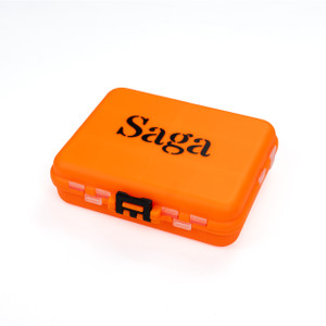 Closed orange Saga mini tackle box with secure latch isolated on white background