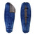slightly open view of a navy blue shell lightweight down sleeping bag quilt with a charcoal gray interior