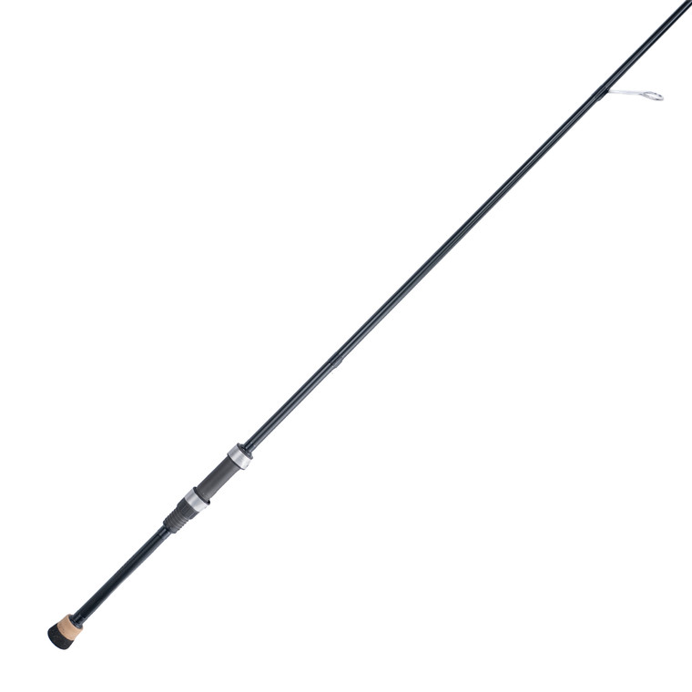 Black fishing rod with cork butt grip, reel seat, and stainless steel line guides on a white background