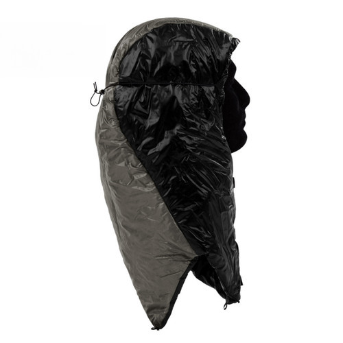 side view of a black and charcoal grey adjustable lightweight, synthetic insulated, warm hood