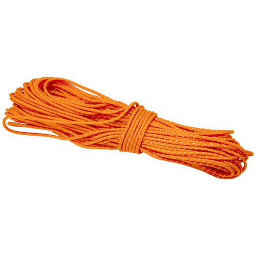 front side view of a orange reflective cord with minimum stretch, tangle resistant, hight strength, UV protection, and the reflectiveness which is made from nylon and polyester