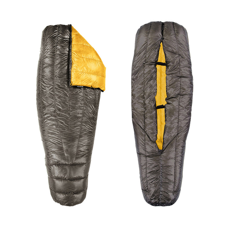 slightly open view of the front and backside of a charcoal shell lightweight down sleeping bag quilt with a yellow interior