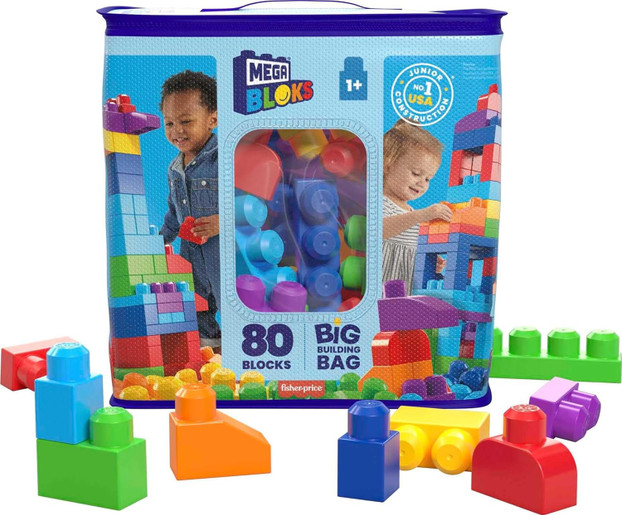 MEGA BLOKS 80-piece Big Building Bag Blocks for Toddlers 1-3, Blue