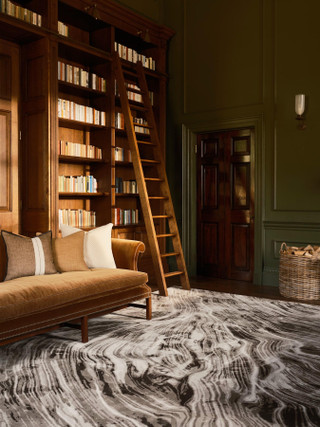 David Rockwell Falls Graphite rug in a library with a rolling ladder, ochre velvet sofa and green panelled walls