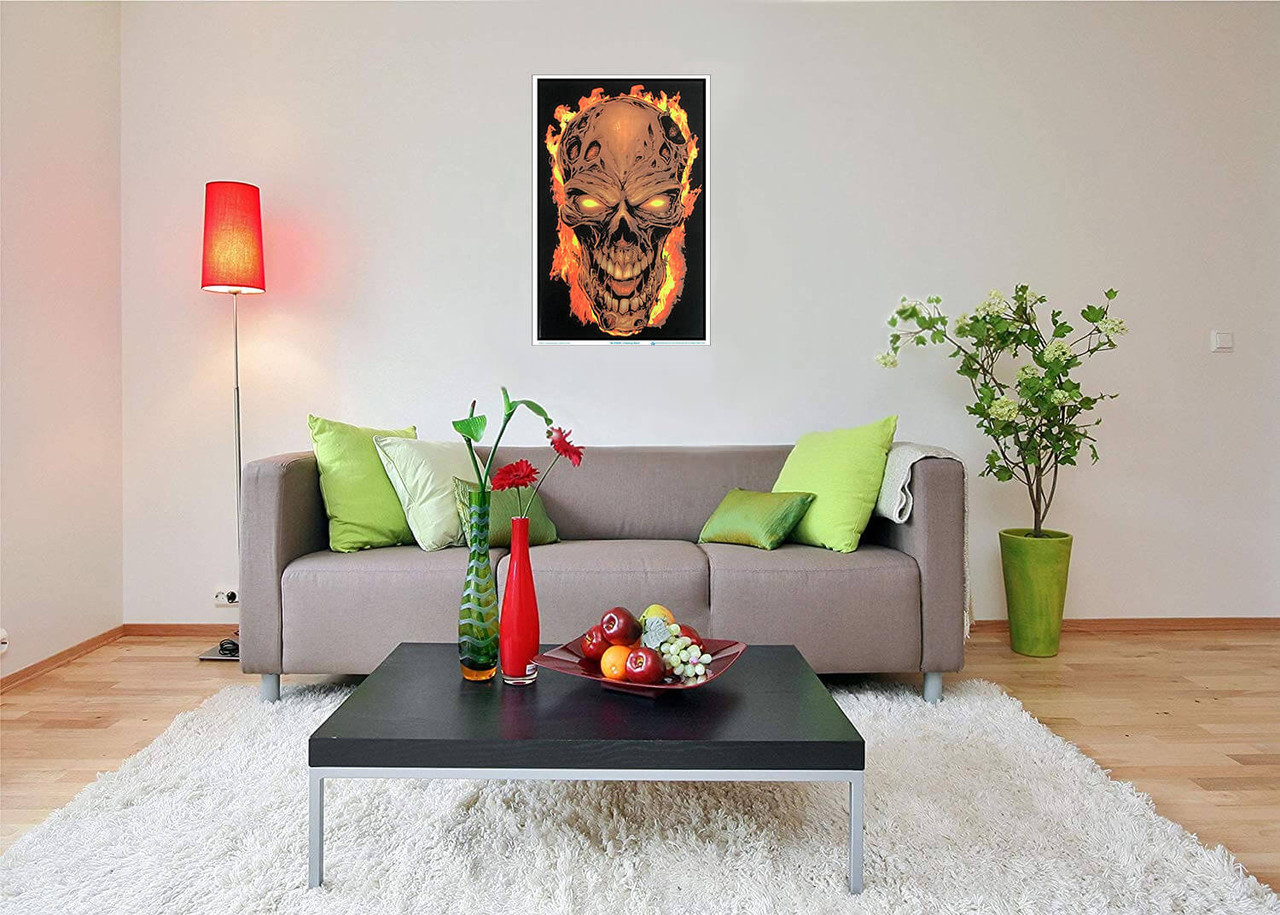 Flaming Skull Blacklight Poster - Flocked - 23