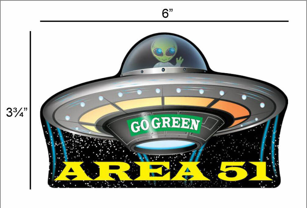 Area 51 Go Green Flying Saucer UFO - Postcard Sized Vinyl Sticker