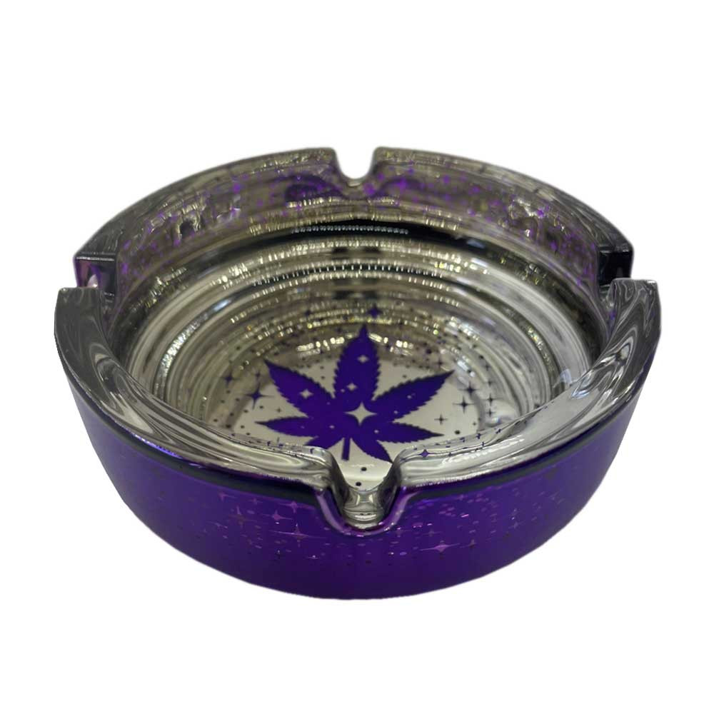 Purple Matte Finish - Marijuana Leaf Galaxy Novelty Glass Ashtray