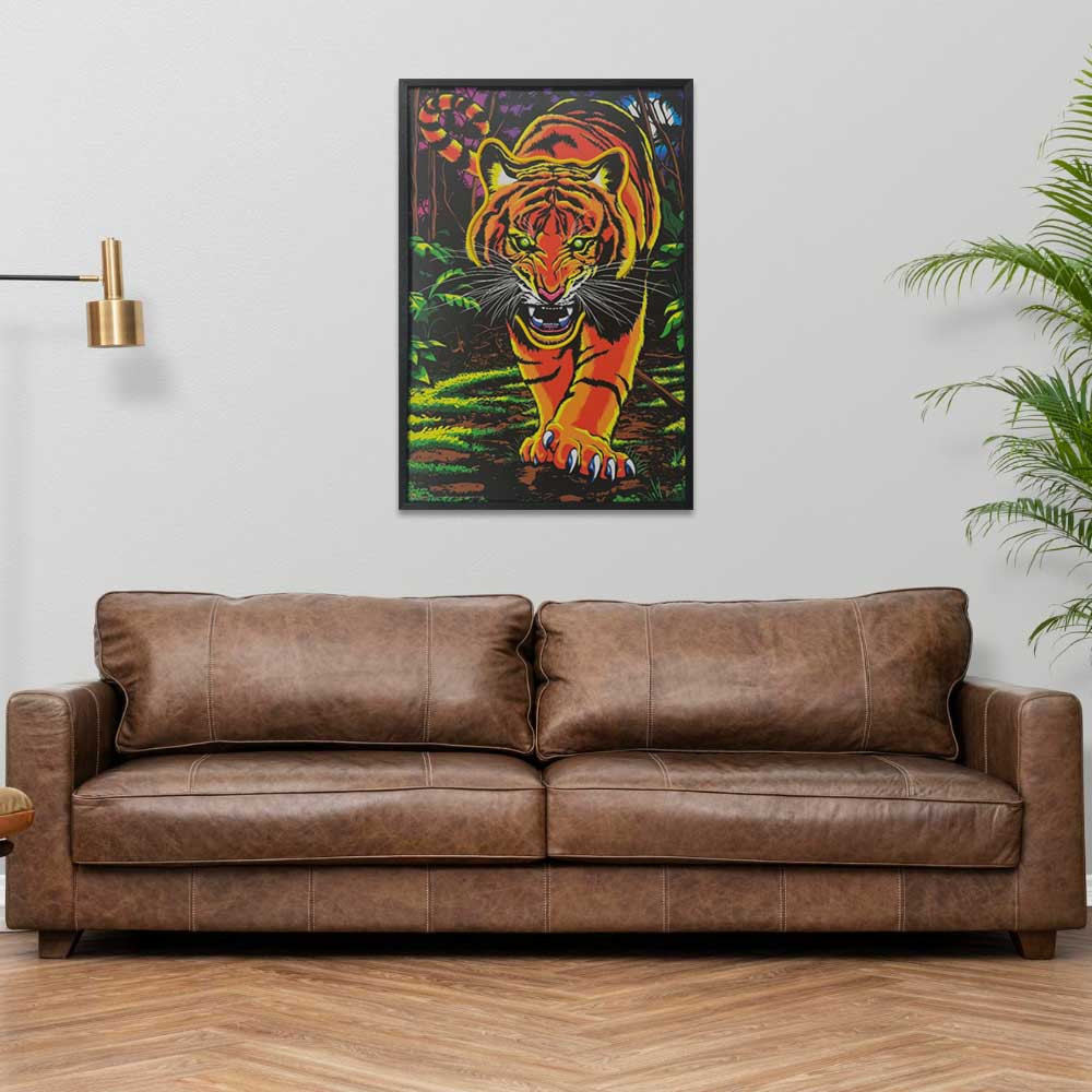 Fierce Prowling Tiger Framed LED Neon Light Canvas Print - 24