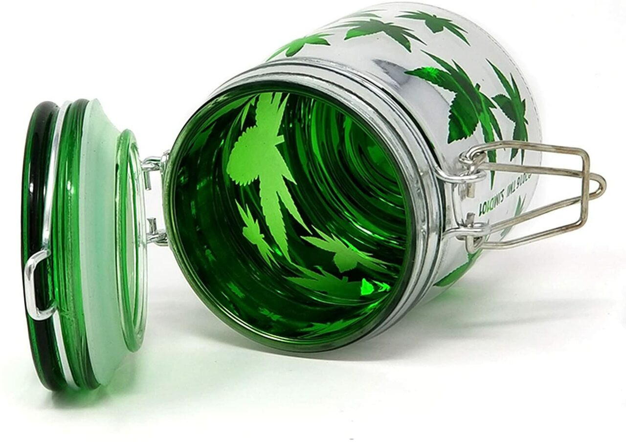 Airtight Glass Stash Jar 5 oz - Black Frosted with Green Leaves 