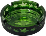 Black Matte Finish with Green Marijuana Leaves Novelty Glass Ashtray - 4.25" Diameter