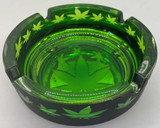 Black Matte Finish with Green Marijuana Leaves Novelty Glass Ashtray - 4.25" Diameter