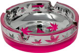 Pink & Silver Metallic Finish with Marijuana Leaves Novelty Glass Ashtray - 4.25" Diameter