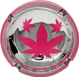 Pink & Silver Metallic Finish with Marijuana Leaves Novelty Glass Ashtray - 4.25" Diameter