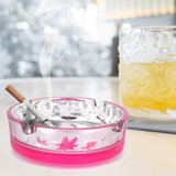 Pink & Silver Metallic Finish with Marijuana Leaves Novelty Glass Ashtray - 4.25" Diameter