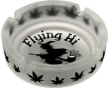 Flying Hi Tonight - Frosted White Glass Novelty Ashtray with Witch Riding a Pipe & Black Leaves Design - 4.25" Diameter