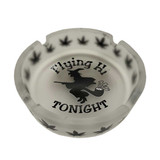 Flying Hi Tonight - Frosted White Glass Novelty Ashtray with Witch Riding a Pipe & Black Leaves Design - 4.25" Diameter