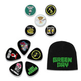 Green Day Officially Licensed Gift Set - 1 5pc Button Badge Set, 1 Embroidered Beanie, 1 Set of Five Guitar Picks