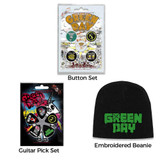 Green Day Officially Licensed Gift Set - 1 5pc Button Badge Set, 1 Embroidered Beanie, 1 Set of Five Guitar Picks