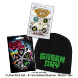 Green Day Officially Licensed Gift Set - 1 5pc Button Badge Set, 1 Embroidered Beanie, 1 Set of Five Guitar Picks