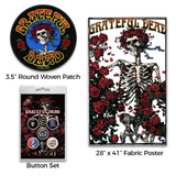 Grateful Dead Officially Licensed Band Merch Gift Set - 1 Fabric Poster, 1 Set of Five Button Badges, 1 Standard Woven Patch