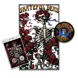 Grateful Dead Officially Licensed Band Merch Gift Set - 1 Fabric Poster, 1 Set of Five Button Badges, 1 Standard Woven Patch