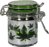 Airtight Glass Mini Stash Jar 1.5 Oz - Metallic Silver Green Leaves Skull Design