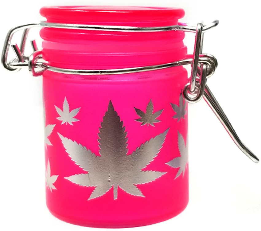 Airtight Glass Mini Stash Jar 1.5 oz - Neon Pink with Silver Leaves
