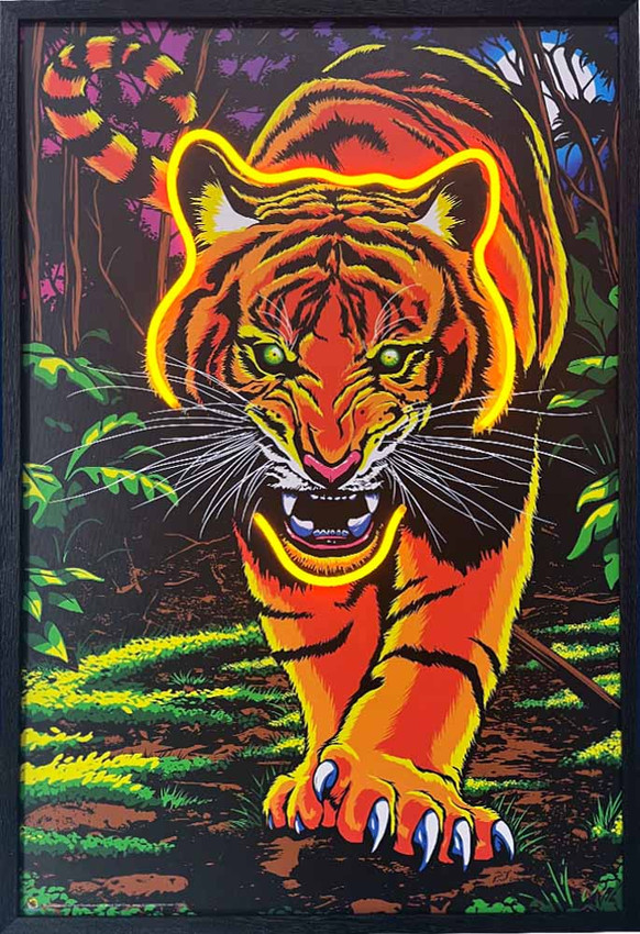 Fierce Prowling Tiger Framed LED Neon Light Canvas Print - 24