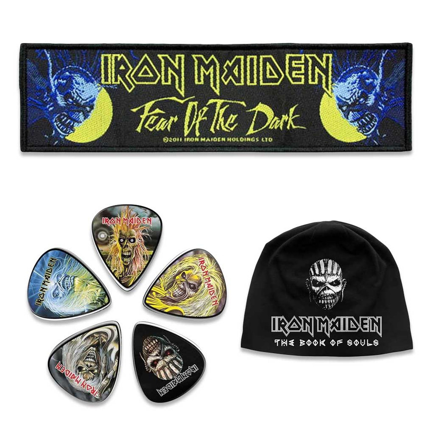 Iron Maiden Officially Licensed Gift Set - 1 Jersey Beanie, 1 Standard Woven Patch, 1 Set of Five Guitar Picks