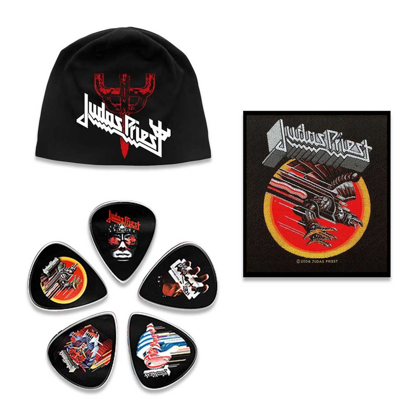 Judas Priest Officially Licensed Gift Set - 1 Jersey Beanie, 1 Standard Woven Patch, 1 Set of Five Guitar Picks